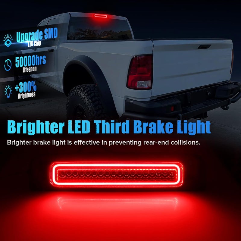 LUDARM LED 3rd Brake Light Compatible with Ram1500 2009-2018 Ram1500 Classic 2019-2021 Ram2500 3500 4500 5500 2010-2018 Laramie 2019 F1 Style Red Flash Third Brake Cargo Light (Smoke:2) - Image 2